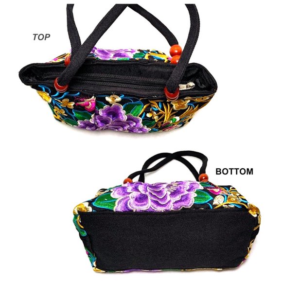 Embroidery Satchel Floral Rabbits Black Purple Canvas Tote Zip Top Handle Lined - Picture 6 of 12